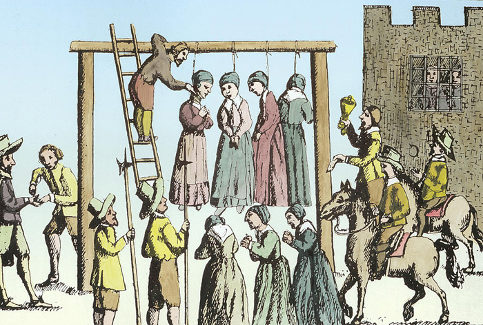 Английские джентельмены вершат гуманное правосудие над крестьянами после огораживания. Англия, неизвестный художник, XVI в.