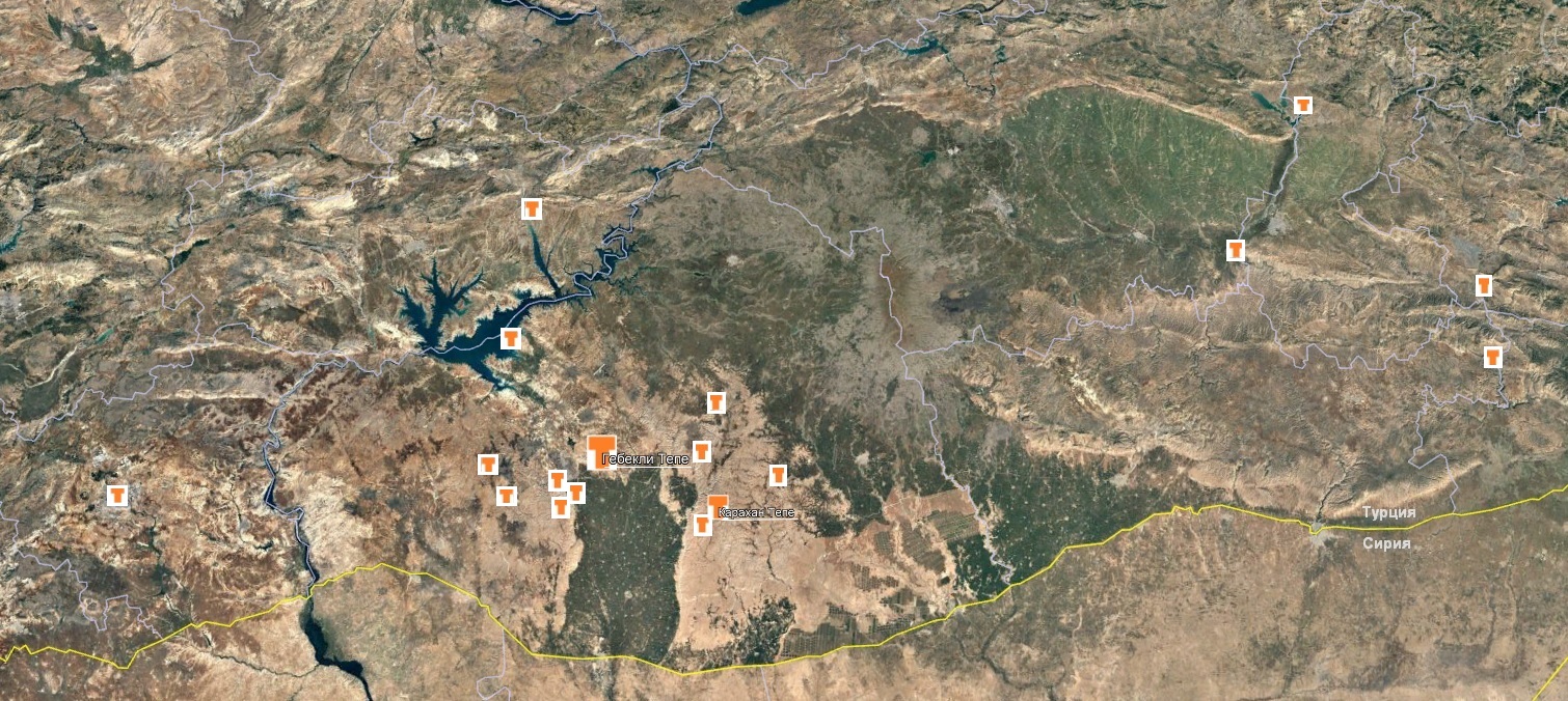 Рис. 52 Расположение известных на 2023 год археологических сайтов и мест находок Т-ортостатов на территории Юго-Восточной Турции