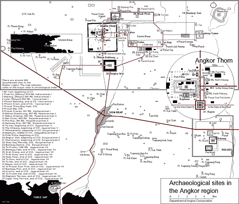 Схема археологических объектов в районе Ангкора.