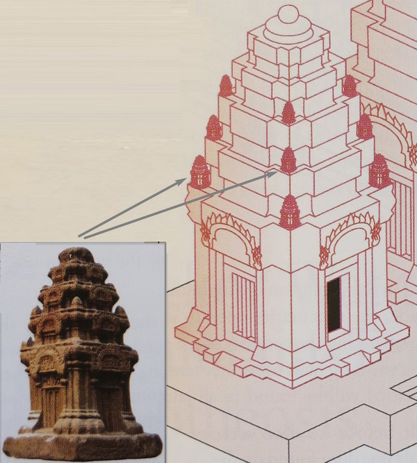 Расположение антефикса на примере модели боковой части храма Бантей Срей