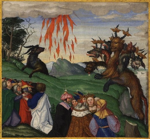 Зверь, вышедший из моря, с семью головами и десятью рогами, и зверь, вышедший из земли, с рогами агнца. Matthias Gerung, 1500 — 1570 гг.
