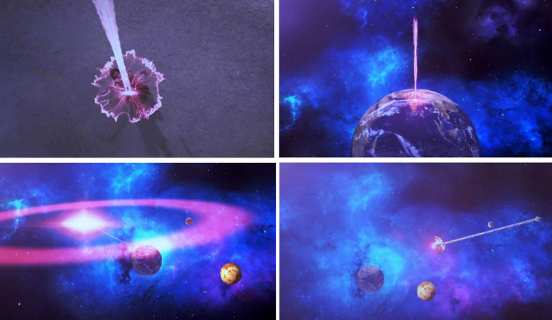 Запуск Брахмастры из лука и её развертывание в Космосе для удара по Земле (реконструкция из индийского фильма Махабхарата)