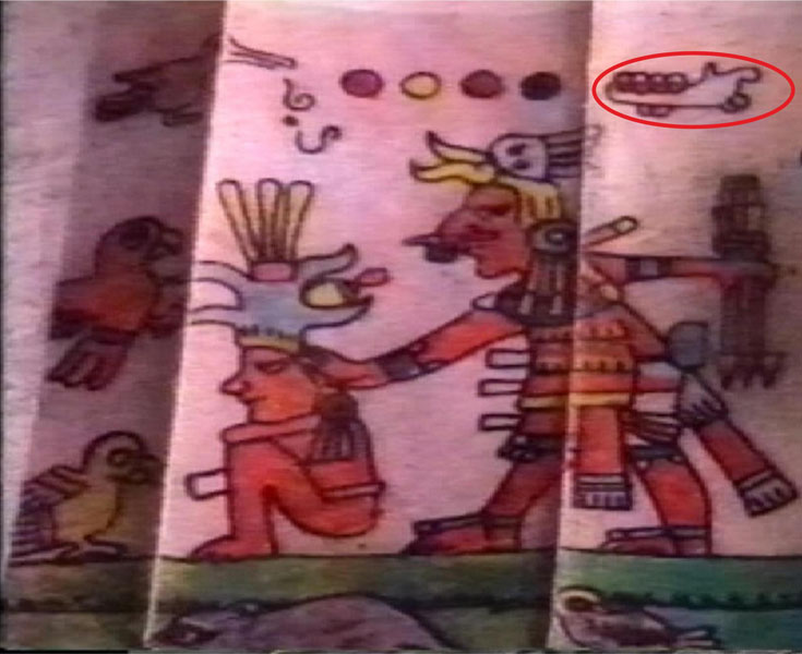 Летательный аппарат на миниатюре индейцев Майя (в верхнем правом углу, обведён красным элипсом)