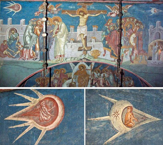 Распятие с двумя летающими объектами. Монастырь Высокие Дечаны, Косово, 1350 г.